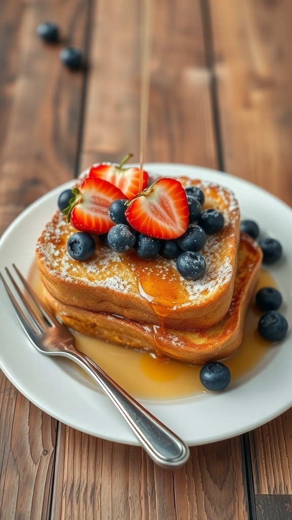Golden-brown French toast topped with strawberries and blueberries, dusted with powdered sugar and drizzled with syrup.